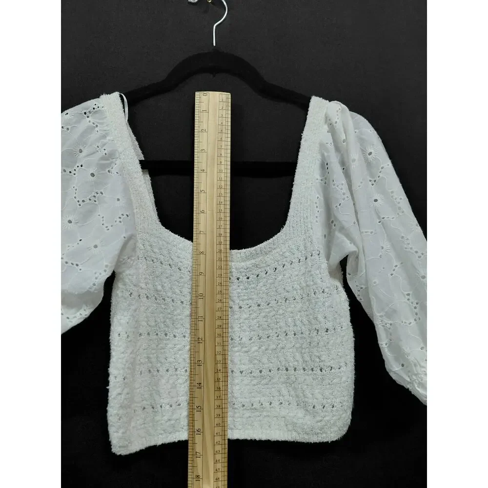 ZARA White Eyelet Puff Sleeve Top 3/4 Sleeve Square Neck Women Size S